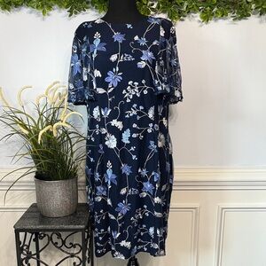 Ralph Lauren Navy Blue Floral Embroidered Cape Sleeve Dress 16